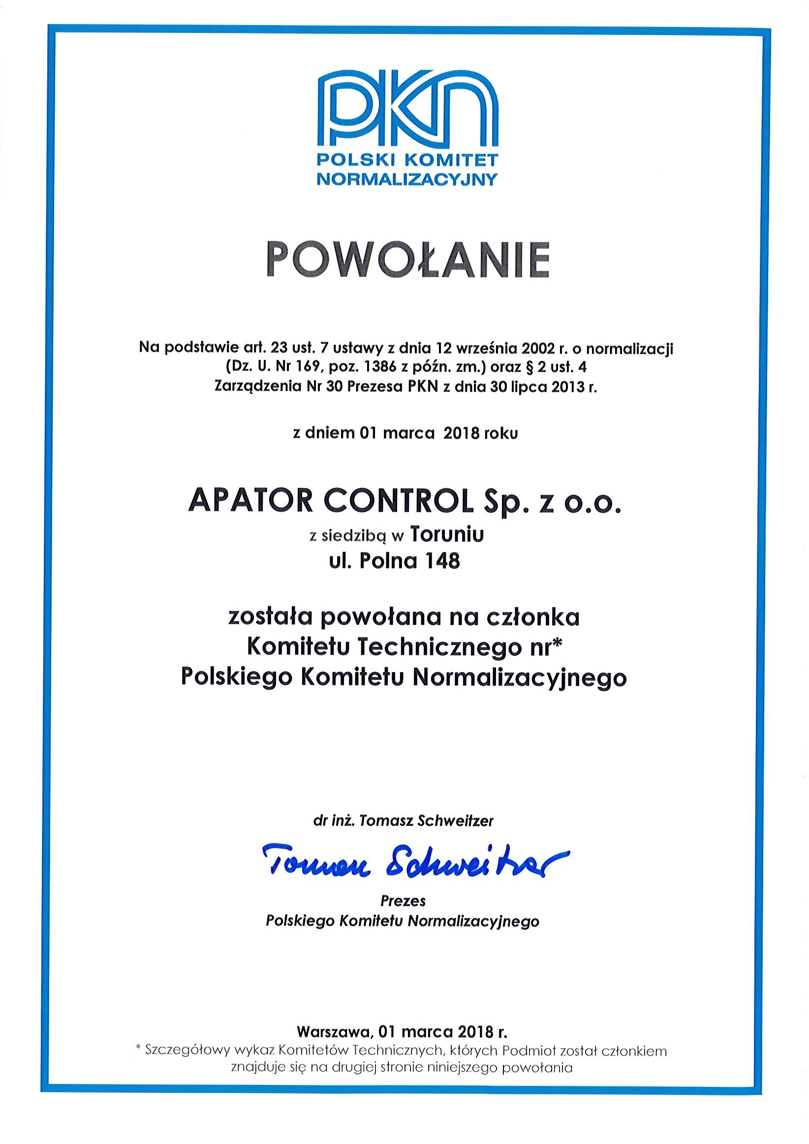 Apator Control członkiem Polskiego Komitetu Normalizacyjnego
